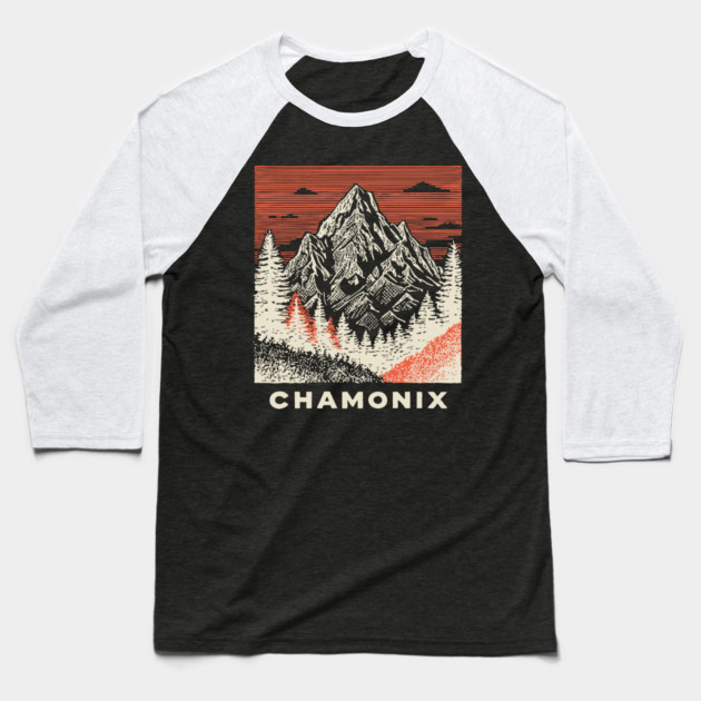 Chamonix Mountains Rugged Woodcut Style Art Baseball T-Shirt by TuncGK