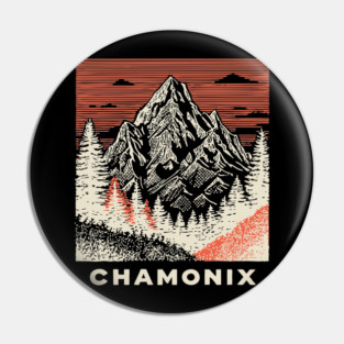 Chamonix Mountains Rugged Woodcut Style Art Pin