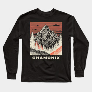 Chamonix Mountains Rugged Woodcut Style Art Long Sleeve T-Shirt