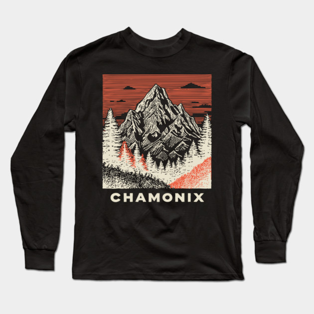 Chamonix Mountains Rugged Woodcut Style Art Long Sleeve T-Shirt by TuncGK