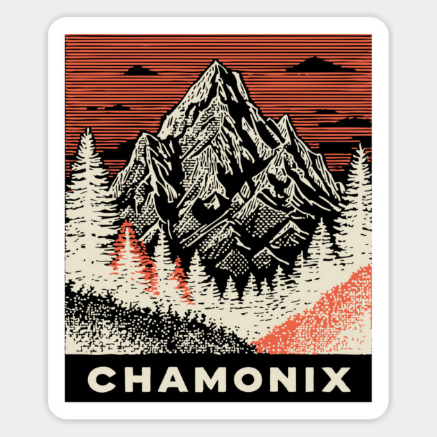 Chamonix Mountains Rugged Woodcut Style Art Magnet by TuncGK
