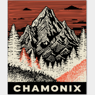Chamonix Mountains Rugged Woodcut Style Art Posters and Art