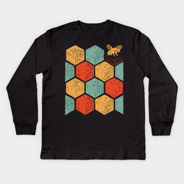 Retro Honeycomb Geometric Bee Pattern Art Kids Long Sleeve T-Shirt by TuncGK