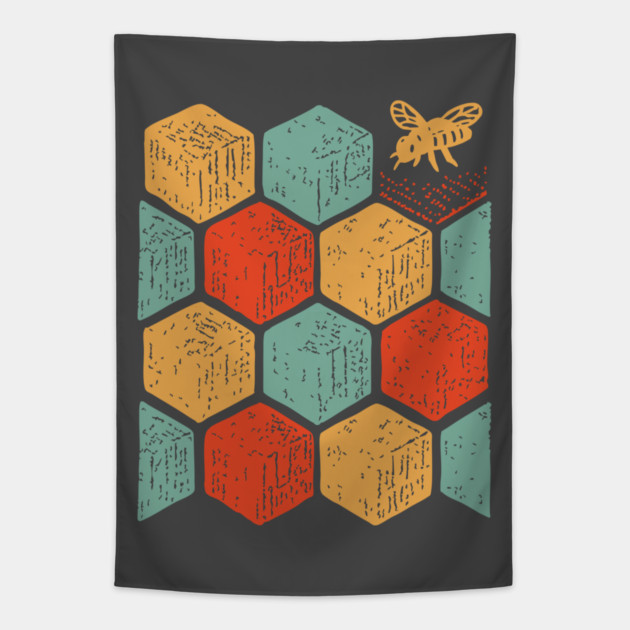 Retro Honeycomb Geometric Bee Pattern Art Tapestry by TuncGK