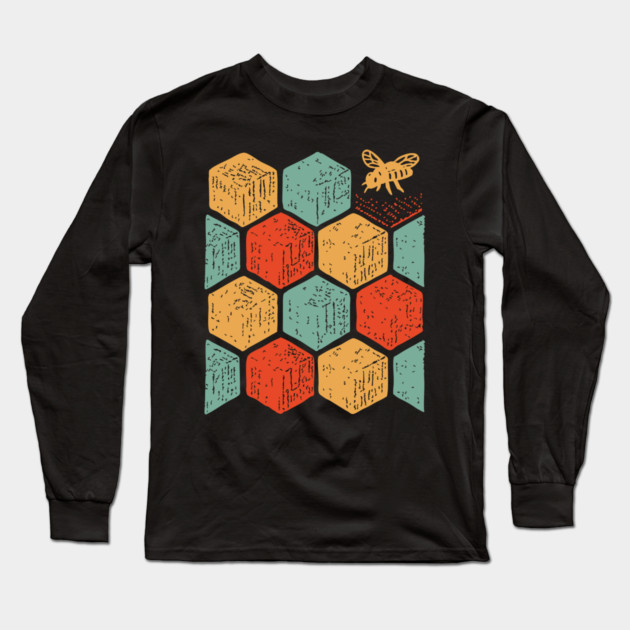 Retro Honeycomb Geometric Bee Pattern Art Long Sleeve T-Shirt by TuncGK