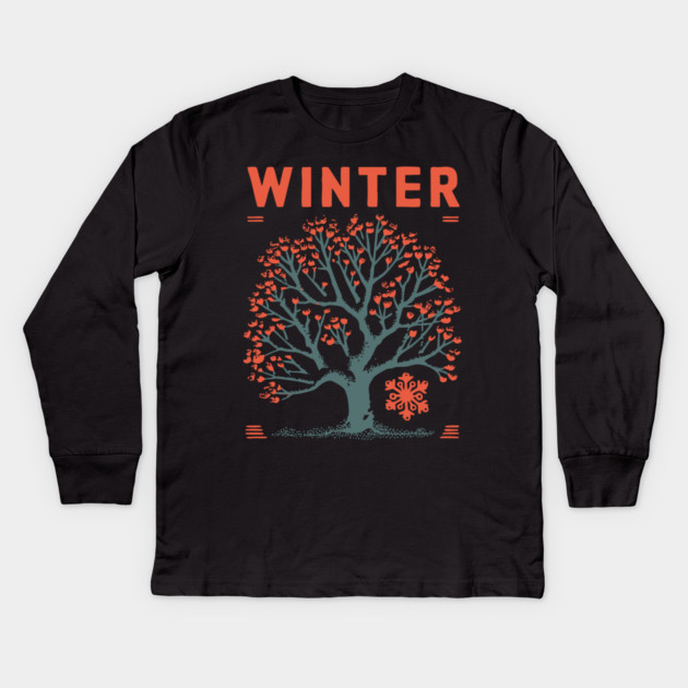 Winter Tree of Life Vintage Botanical Art Kids Long Sleeve T-Shirt by TuncGK