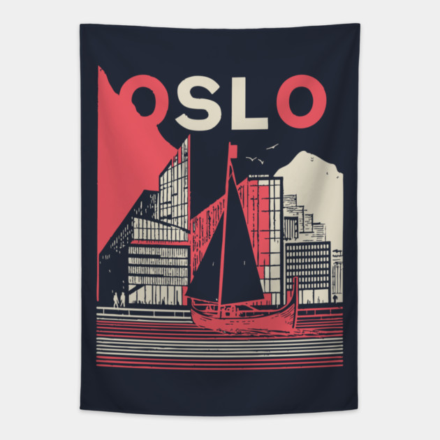 Oslo Norway Modern Travel Poster Art Tapestry by TuncGK
