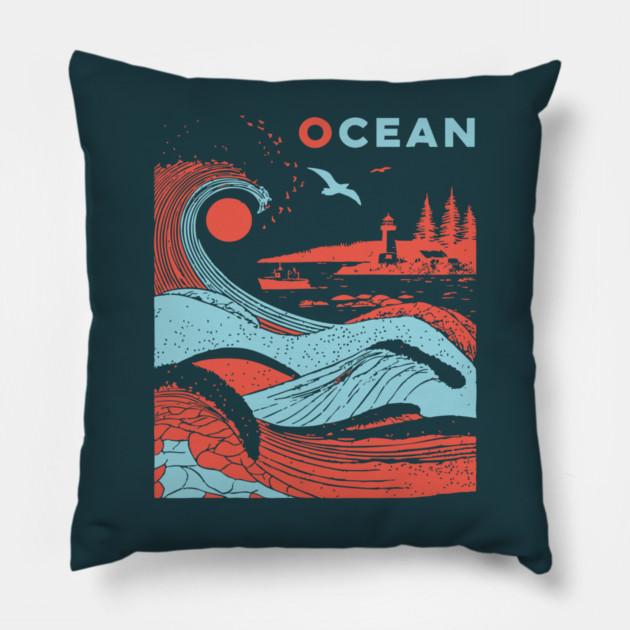 Vintage Japanese Style Ocean Waves Art Pillow by TuncGK