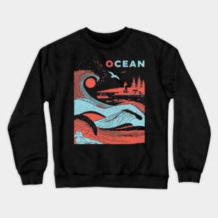 Vintage Japanese Style Ocean Waves Art Crewneck Sweatshirt