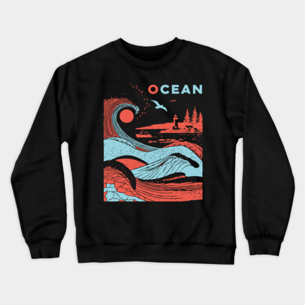 Vintage Japanese Style Ocean Waves Art Crewneck Sweatshirt by TuncGK