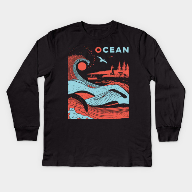 Vintage Japanese Style Ocean Waves Art Kids Long Sleeve T-Shirt by TuncGK