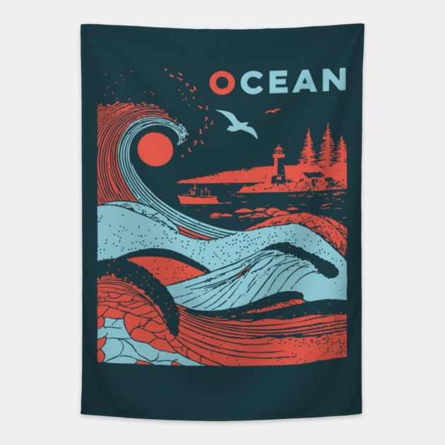 Vintage Japanese Style Ocean Waves Art Tapestry by TuncGK