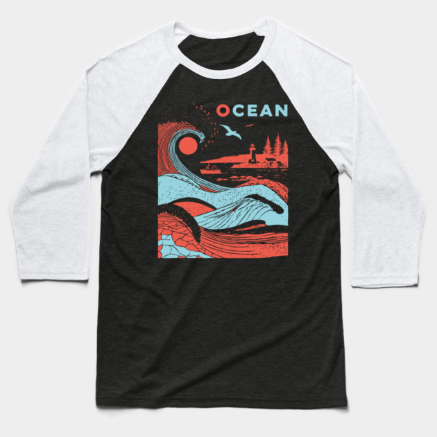 Vintage Japanese Style Ocean Waves Art Baseball T-Shirt by TuncGK