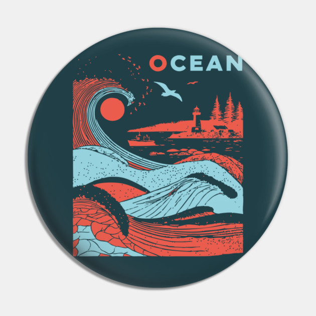 Vintage Japanese Style Ocean Waves Art Pin by TuncGK