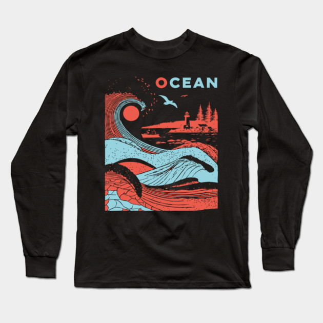 Vintage Japanese Style Ocean Waves Art Long Sleeve T-Shirt by TuncGK