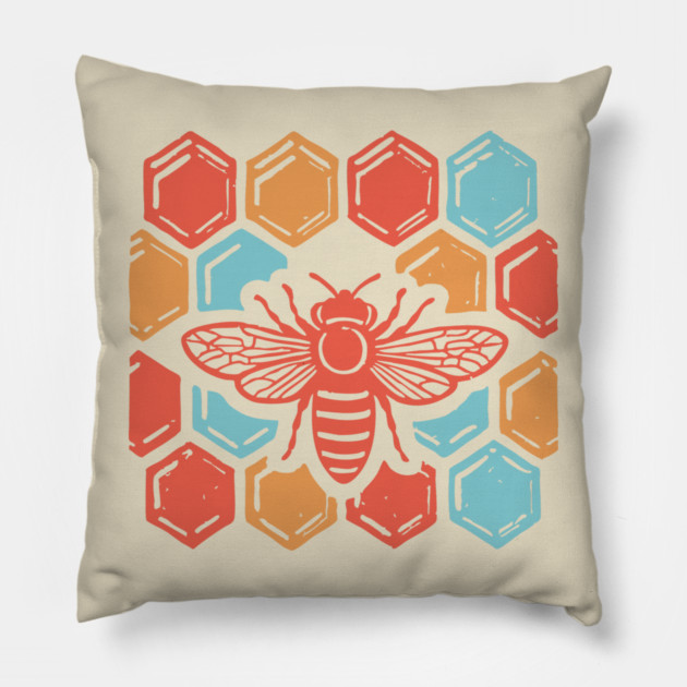 Groovy Retro 70s Bee and Honeycomb Art Pillow by TuncGK