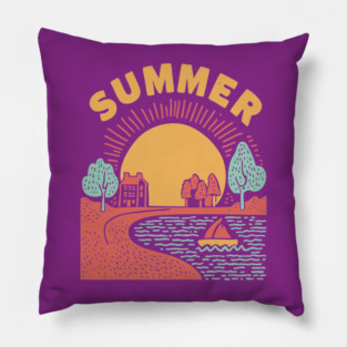 Minimalist Summer Sun and Ocean Waves Pillow