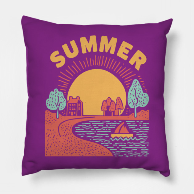 Minimalist Summer Sun and Ocean Waves Pillow by TuncGK