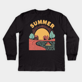 Minimalist Summer Sun and Ocean Waves Kids Long Sleeve T-Shirt