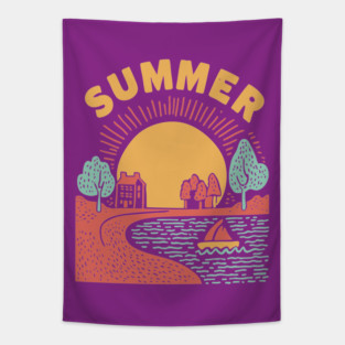 Minimalist Summer Sun and Ocean Waves Tapestry