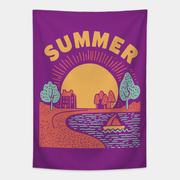 Minimalist Summer Sun and Ocean Waves Tapestry by TuncGK