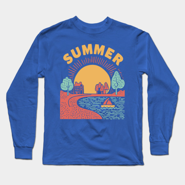 Minimalist Summer Sun and Ocean Waves Long Sleeve T-Shirt by TuncGK