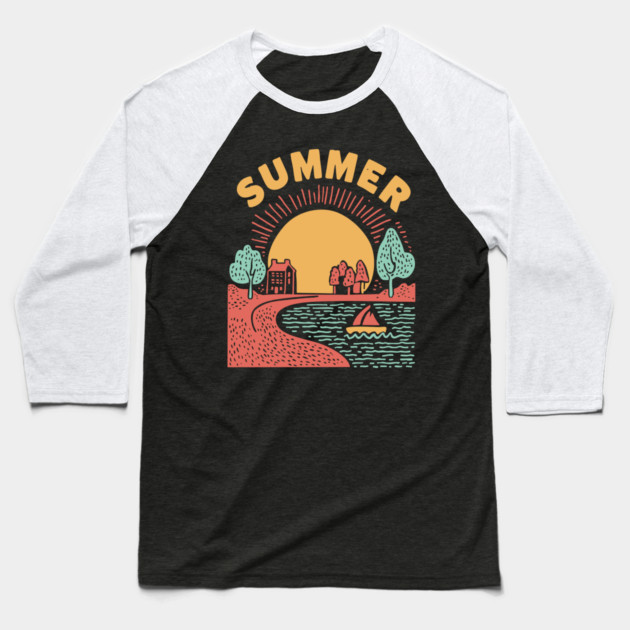 Minimalist Summer Sun and Ocean Waves Baseball T-Shirt by TuncGK