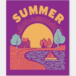 Minimalist Summer Sun and Ocean Waves Posters and Art