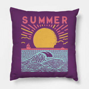Retro Summer Beach Town Vacation Scene Pillow