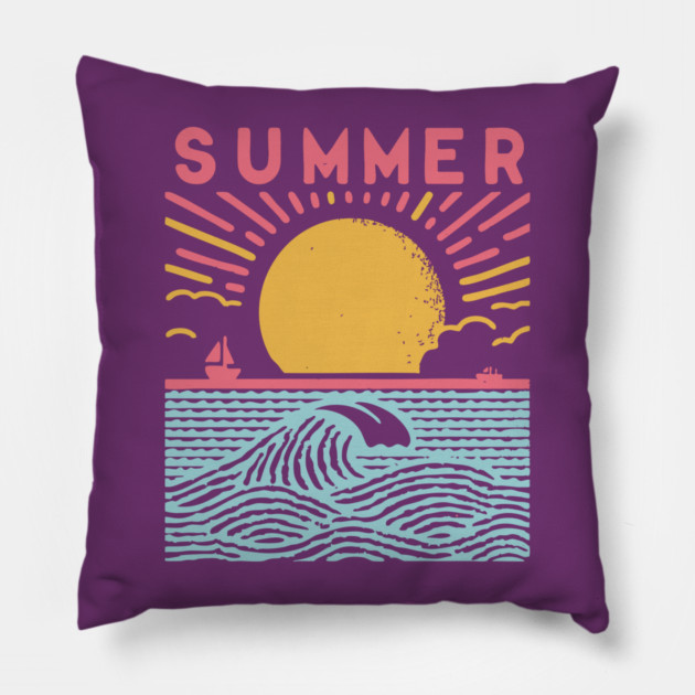 Retro Summer Beach Town Vacation Scene Pillow by TuncGK