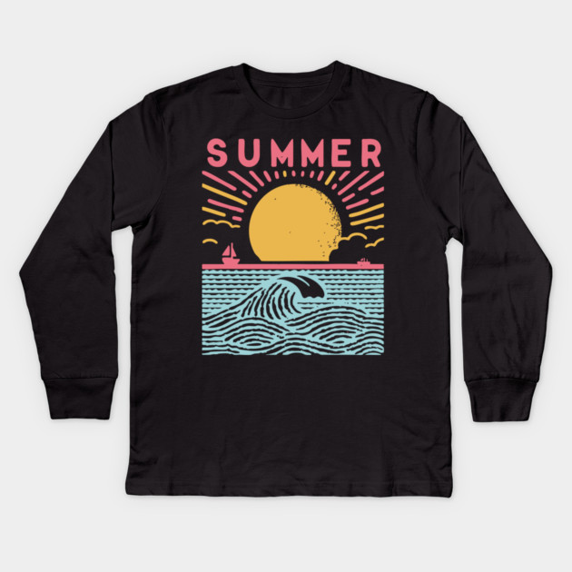 Retro Summer Beach Town Vacation Scene Kids Long Sleeve T-Shirt by TuncGK