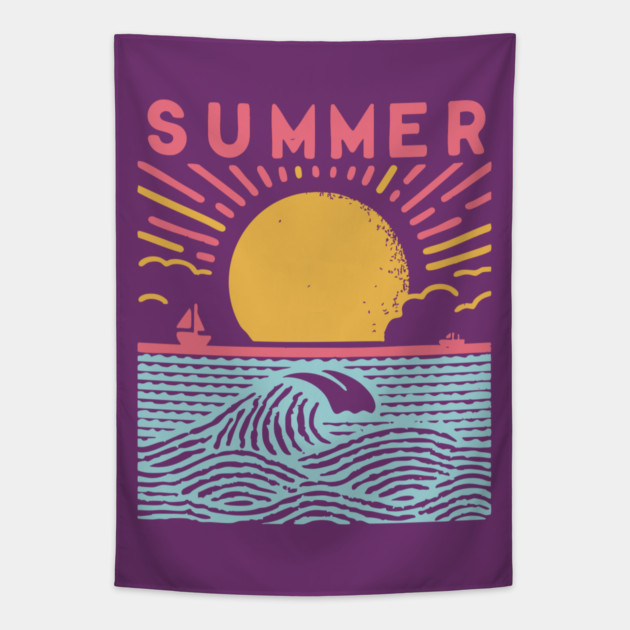 Retro Summer Beach Town Vacation Scene Tapestry by TuncGK