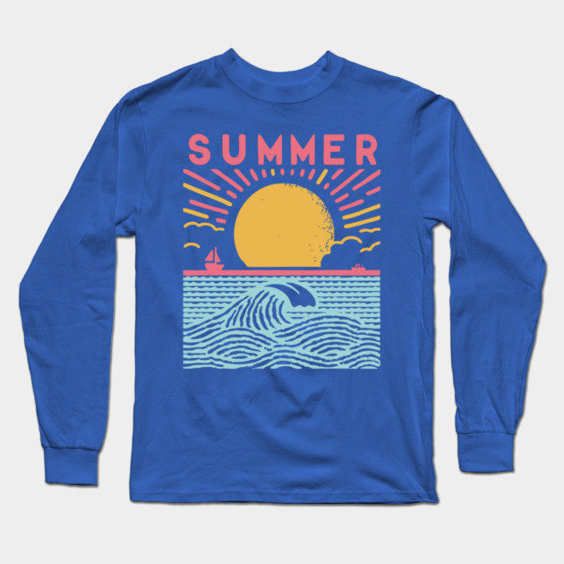 Retro Summer Beach Town Vacation Scene Long Sleeve T-Shirt by TuncGK