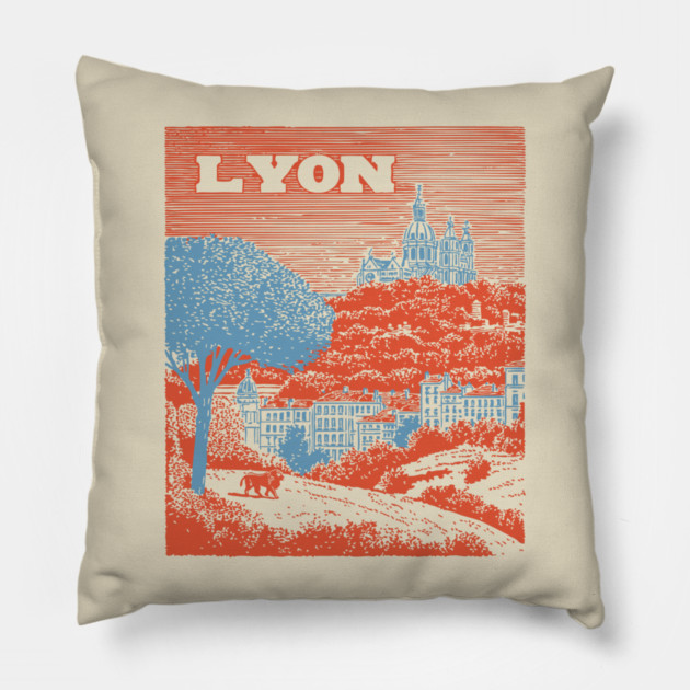 Lyon France Vintage Travel Poster Art Pillow by TuncGK