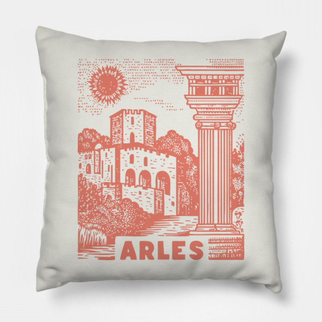 Arles Roman Architecture Vintage Travel Poster Art Pillow by TuncGK