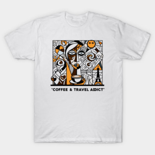Coffee and Travel Addict Minimal Line Art – Colorful Modern Design on White Background | Wanderlust & Coffee Lover Wall Art & T-Shirt T-Shirt