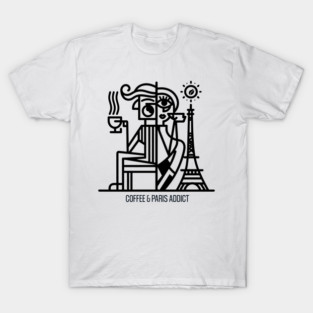 Coffee and Travel Addict Minimal Line Art – Colorful Modern Design on White Background | Wanderlust & Coffee Lover Wall Art & T-Shirt T-Shirt