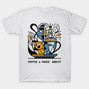 Coffee and Travel Addict Minimal Line Art – Colorful Modern Design on White Background | Wanderlust & Coffee Lover Wall Art & T-Shirt T-Shirt