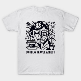 Coffee and Travel Addict Minimal Line Art – Colorful Modern Design on White Background | Wanderlust & Coffee Lover Wall Art & T-Shirt T-Shirt