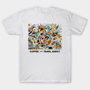 Coffee and Travel Addict Minimal Line Art – Colorful Modern Design on White Background | Wanderlust & Coffee Lover Wall Art & T-Shirt T-Shirt