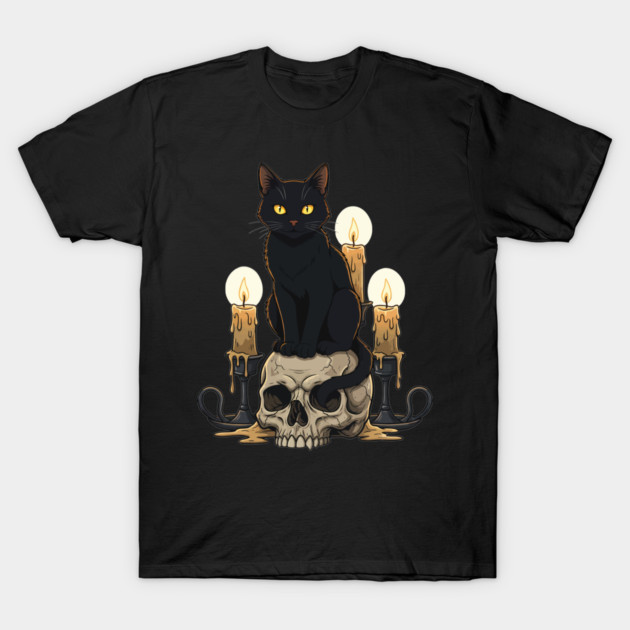 Black Cat Sitting on Skull With Candles