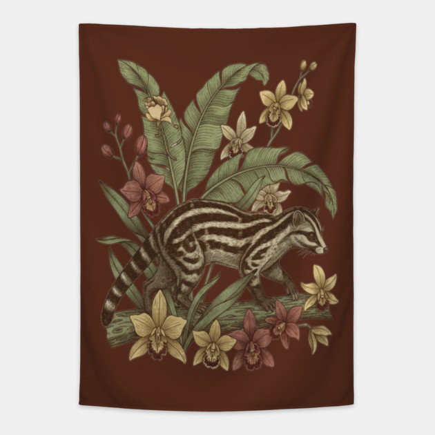 Vintage Banded Palm Civet Botanical Art Tapestry by BirdsnStuff