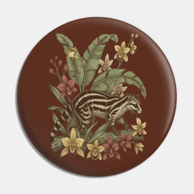 Vintage Banded Palm Civet Botanical Art Pin by BirdsnStuff
