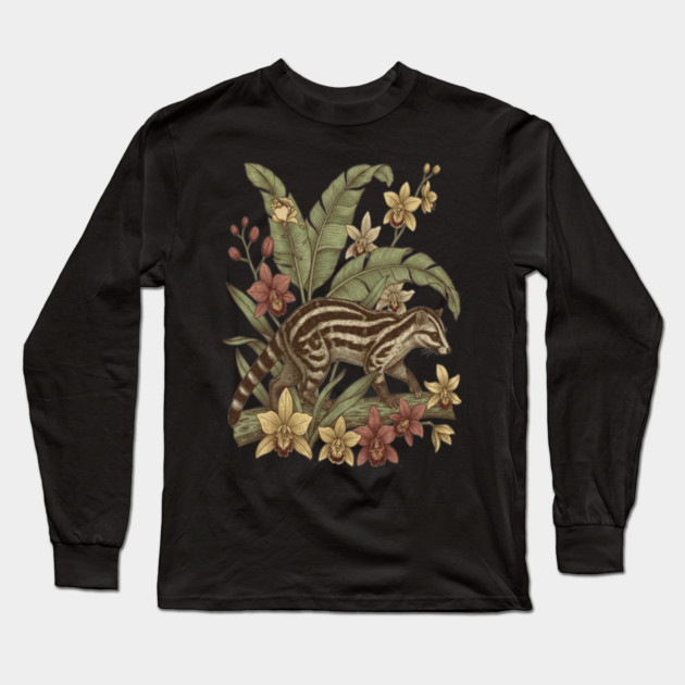 Vintage Banded Palm Civet Botanical Art Long Sleeve T-Shirt by BirdsnStuff