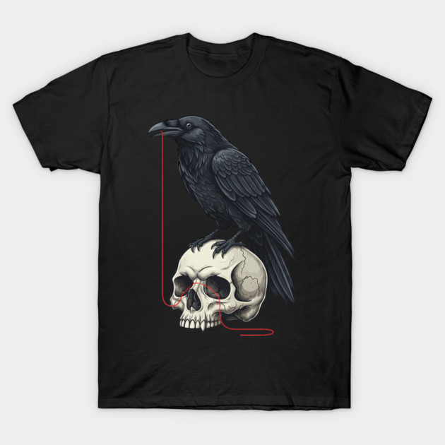 A Black Raven Perched on a Human Skull With a Red String