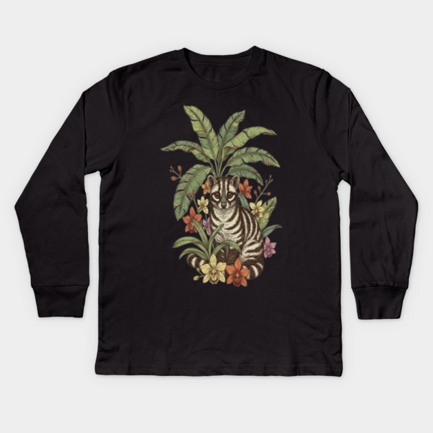 Banded Palm Civet Among Banana Leaves Kids Long Sleeve T-Shirt by BirdsnStuff
