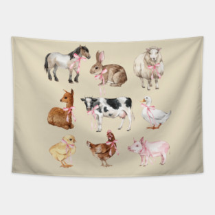 Cute Farm Animals Pink Bows Preppy Girl Farmer Baby Shower Tapestry