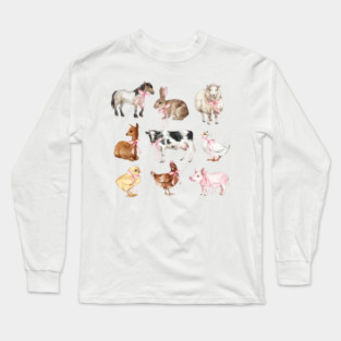 Cute Farm Animals Pink Bows Preppy Girl Farmer Baby Shower Long Sleeve T-Shirt