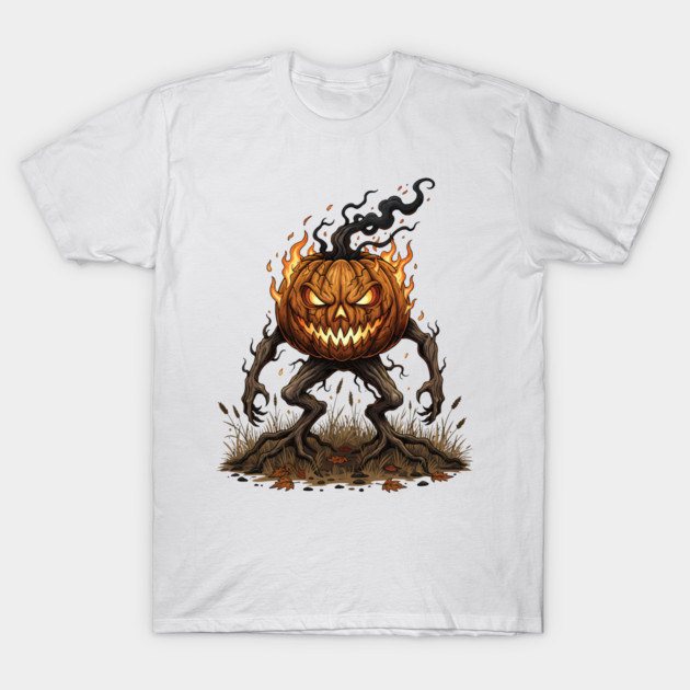 Scary Jack O Lantern Monster on Fire With Tree Roots and Branches