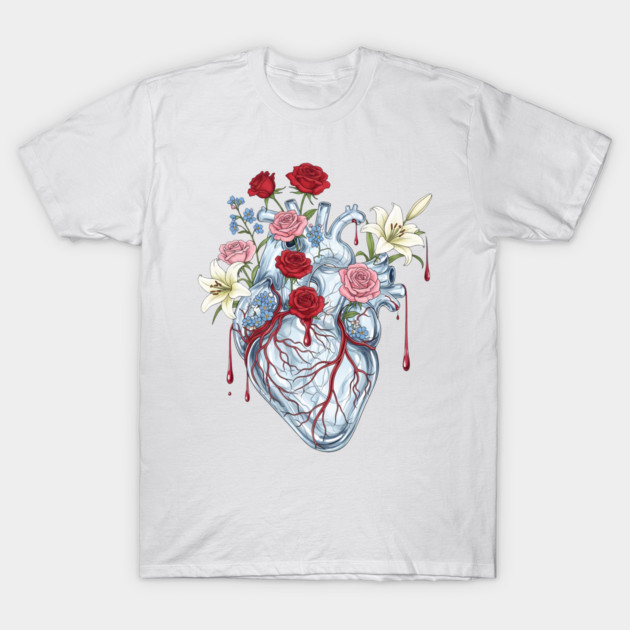Transparent Anatomical Heart With Flowers and Blood Drops